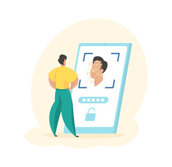 Mobile application identifies users face. Male character facial digital biometrics log into personal account. Safe smart digital scan iris. Facial recognition system. Vector cartoon illustration