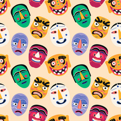 Traditional Korean masks seamless pattern vector illustration. Antique masquerade elements texture design. Asian ancient theatre background. Cultural souvenir wrapping.