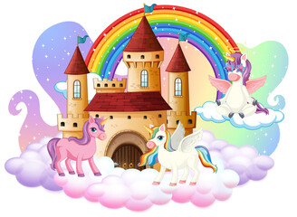 Many cute unicorns cartoon character with castle on the cloud