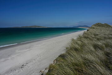 West Beach, Berneray, Outer Hebrides, Scotland. Sunny day with blue sky, white sand, turquoise and...