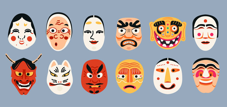 Japanese Kabuki Theater masks collection. Ancient Korean mask elements set. Ethnic Asian costume isolated. Different masquerade traditional souvenirs in cartoon design.