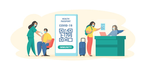Obtaining immune passport. Male character being vaccinated against coronavirus. Woman in mask shows certificate to controller airport. Mandatory vaccines for international travel. Vector flat concept