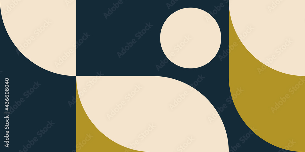 Poster Modern vector abstract  geometric background with circles, rectangles and squares  in retro scandinavian style. Pastel colored simple shapes graphic pattern.