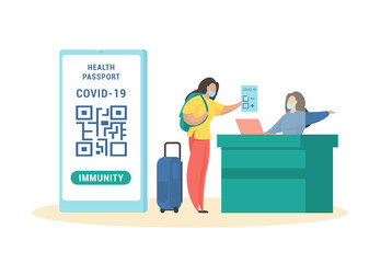 Vaccination certificate in immune passport. Female character with luggage bag hands controller negative coronavirus test. Safe tourism mandatory vaccines for travel. Vector flat illustration