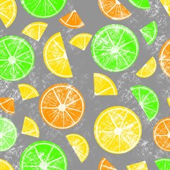 Seamless pattern of colorful citrus slices. Hand-drawn illustration with curved lines in doodle style.Ready design for clothing, fabric and other items.