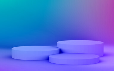 3d purple blue neon light cylinder podium minimal studio gradient dark colors background. Abstract 3d geometric shape object illustration render. Display for nightclub party and technology product.