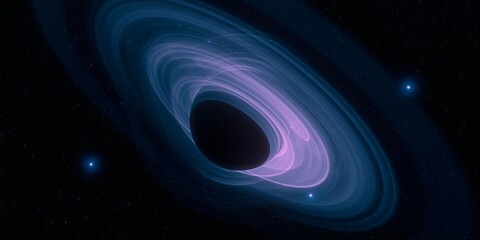 Cold nebula. Dark night sky. Dark interstellar space. 2d illustration. Black hole. Shiny stars in a deep cold space. Galactic center. Matter collapse.