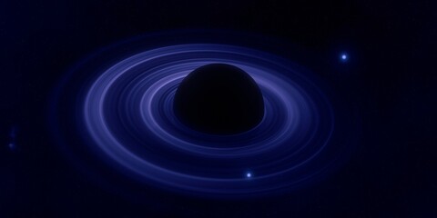 Black hole. Dark night sky. Dark interstellar space. 2d illustration. Cosmos. Powerful stars in a deep space. Blue cold nebula. Galactic center. Matter collapse.
