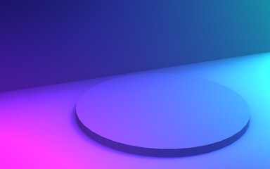 3d purple blue neon light cylinder podium minimal studio gradient dark colors background. Abstract 3d geometric shape object illustration render. Display for nightclub party and technology product.
