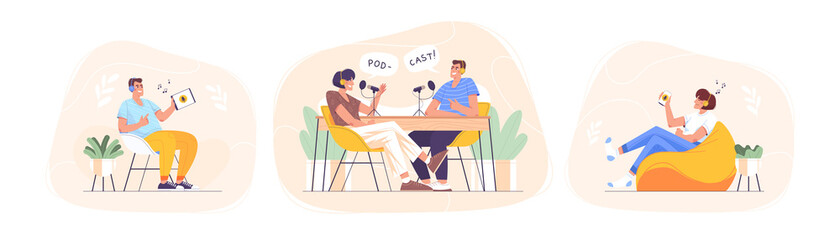 Set of smiling people listening and recording audio podcast or online show vector flat illustration. Joyful person radio host interviewing guest. Characters in chair with device in hand self educate.