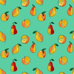  A seamless pattern of an abstract image of pears, apples and lemons in line art style. The illustration is hand-drawn. Decor for fabric and other things.