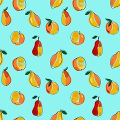  A seamless pattern of an abstract image of pears, apples and lemons in line art style. The illustration is hand-drawn. Decor for fabric and other things.
