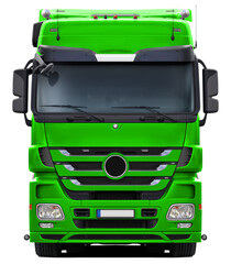 Modern European truck completely green. Front view isolated on white background.