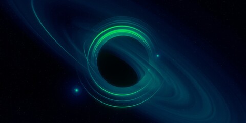 Black hole. Dark night sky. Dark interstellar space. 2d illustration. Cosmos. Powerful stars in a deep space. Blue cold nebula. Galactic center. Matter collapse.