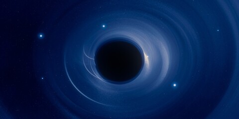 Black hole. Dark night sky. Dark interstellar space. 2d illustration. Cosmos. Powerful stars in a deep space. Blue cold nebula. Galactic center. Matter collapse.