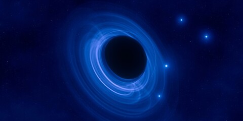 Black hole. Dark night sky. Dark interstellar space. 2d illustration. Cosmos. Powerful stars in a deep space. Blue cold nebula. Galactic center. Matter collapse.