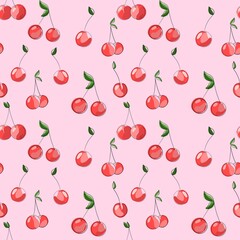 Cherry Berries. Seamless pattern, hand-drawn illustration with curved lines in a trendy style.Design for paper, fabric and other objects. 