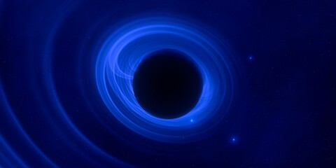 Black hole. Dark night sky. Dark interstellar space. 2d illustration. Cosmos. Powerful stars in a deep space. Blue cold nebula. Galactic center. Matter collapse.