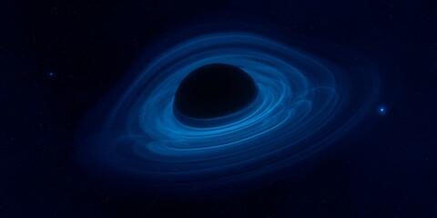 Black hole. Dark night sky. Dark interstellar space. 2d illustration. Cosmos. Powerful stars in a deep space. Blue cold nebula. Galactic center. Matter collapse.
