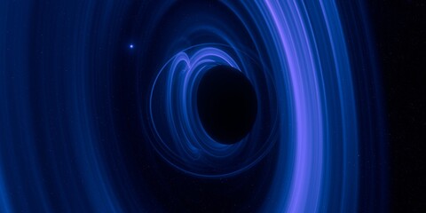 Black hole. Dark night sky. Dark interstellar space. 2d illustration. Cosmos. Powerful stars in a deep space. Blue cold nebula. Galactic center. Matter collapse.