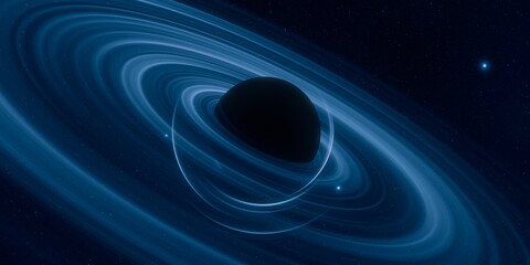 Black hole. Dark night sky. Dark interstellar space. 2d illustration. Cosmos. Powerful stars in a deep space. Blue cold nebula. Galactic center. Matter collapse.