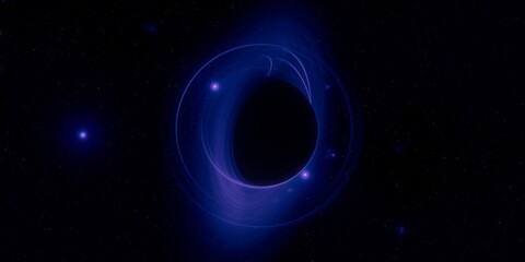 Black hole. Dark night sky. Dark interstellar space. 2d illustration. Cosmos. Powerful stars in a deep space. Blue cold nebula. Galactic center. Matter collapse.