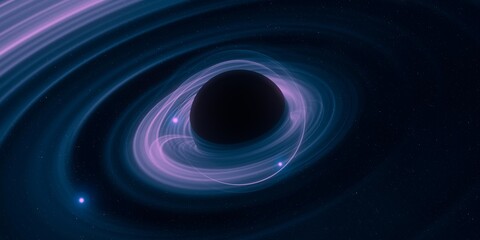 Black hole. Dark night sky. Dark interstellar space. 2d illustration. Cosmos. Powerful stars in a deep space. Blue cold nebula. Galactic center. Matter collapse.
