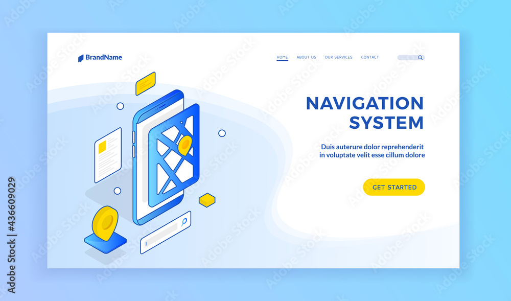Poster white and blue elements of mobile phone and navigation symbols on white background of template for w