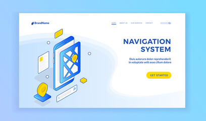 White and blue elements of mobile phone and navigation symbols on white background of template for web page for navigation system promotion. Isometric web banner, landing page template