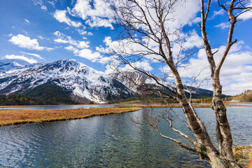 Panoramic alpine landscape on sunny spring day at Tern Lake on the Kenai Peninsula, Alaska.  This idyllic lake is surrounded by snow covered mountains and forests.