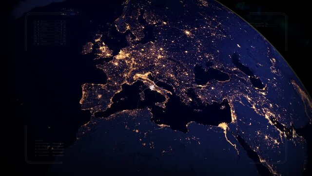 Flying to Italy from many places.Rome.Italy opens borders for tourists.Airplane trip on the map.HUD with digital data code.Good for tourist company, airways advertisement.