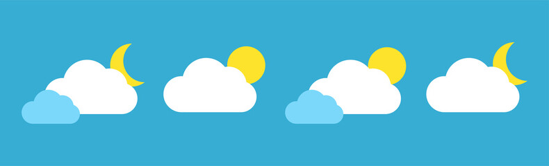 Set with different weather icons. Icons of moon and cloud on a blue background. Cloud vector logo. 