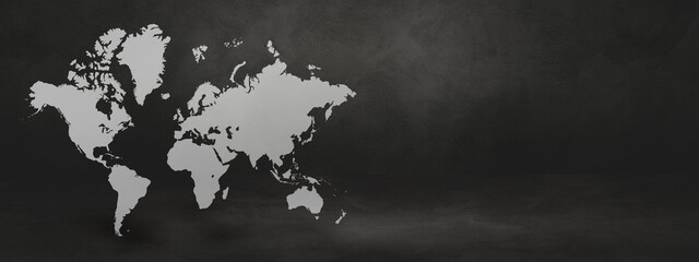 World map on black concrete wall background. 3D illustration. Horizontal banner