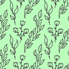 Plants and flowers doodle pattern. Seamless texture for textiles, wallpapers, wrappers, packaging. Hand-drawn vector illustration.