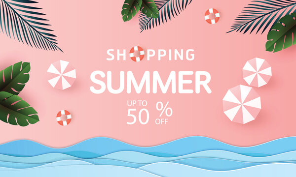 Summer Sale time holiday element banner design with paper cut tropical beach Color background layout Orange concept discount.Vector blue yellow illustration template.for  text