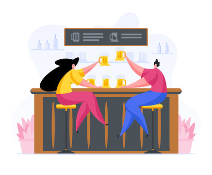 Vector design of flat style man and woman resting at counter in pub and clinking with jugs of craft beer on white background