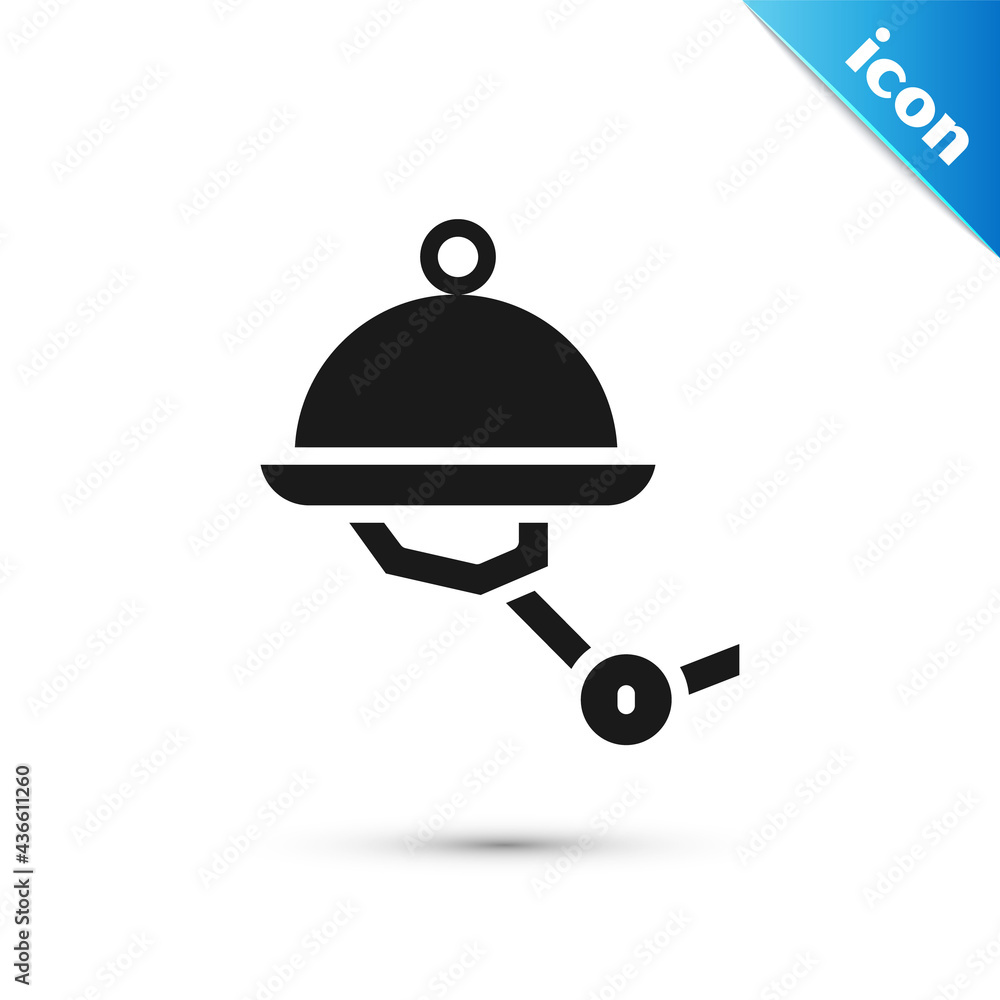Poster grey waiter robot with covered plate icon isolated on white background. artificial intelligence, mac