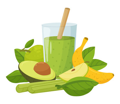 Green smoothie with fresh fruits and vegetables. Healthy and beneficial food. Healthy nutrients for the body's well-being. Ecological gardening. Flat vector illustration.