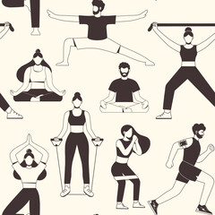 Seamless pattern with young people performing sports activities. The concept of sport, gym, yoga, pilates, fitness, meditation and relax. Health benefits for the body and mind. Vector illustration.