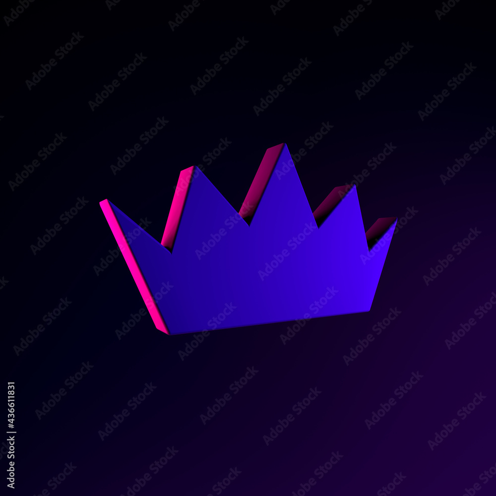 Poster neon flat crown icon. 3d rendering ui ux interface element. dark glowing symbol.