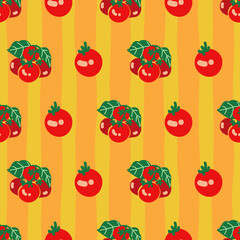 Cherry tomatos vector seamless pattern on orange stripes