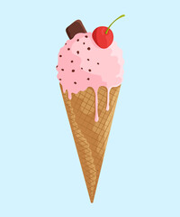 Delicious cherry ice cream with chocolate in waffle cone. Sweet and tasty dessert with fruits. Vector illustration.