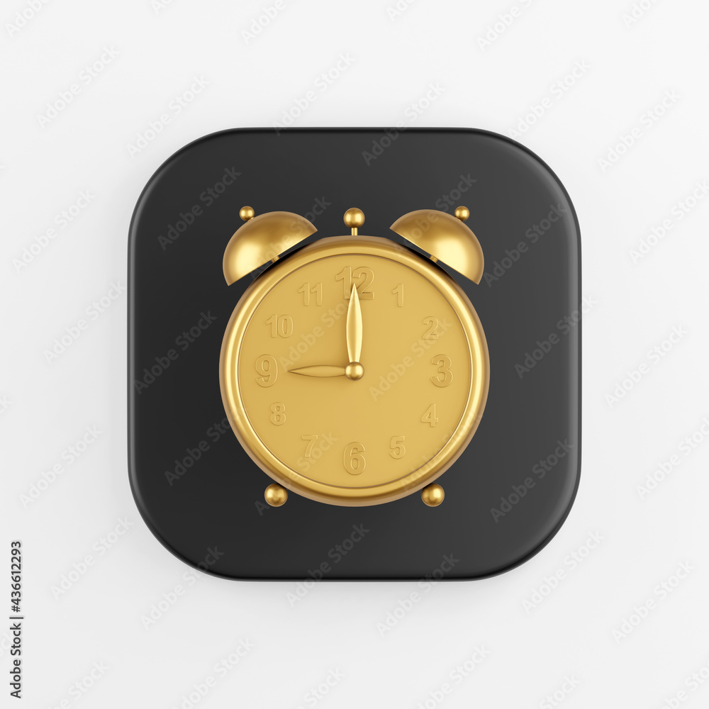 Poster golden vintage alarm clock icon. 3d rendering of black square key button, interface ui ux element.