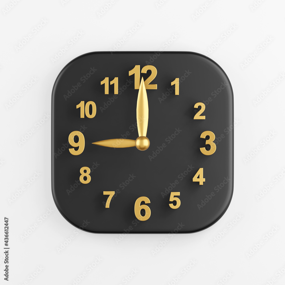 Poster gold modern wall clock icon. 3d rendering of black square key button, interface ui ux element.