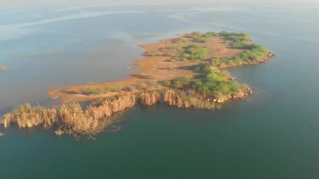 Aerial View Of Island In Keenjhar Lake In Thatta, Pakistan. Dolly Back