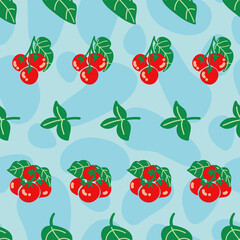Cherry tomato repeat pattern on blue background