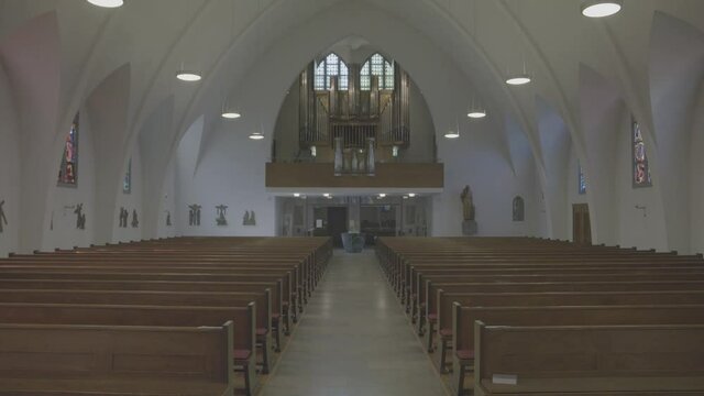 Empty interior of the church of St. Konrad and Elisabeth in Freiburg, Germany