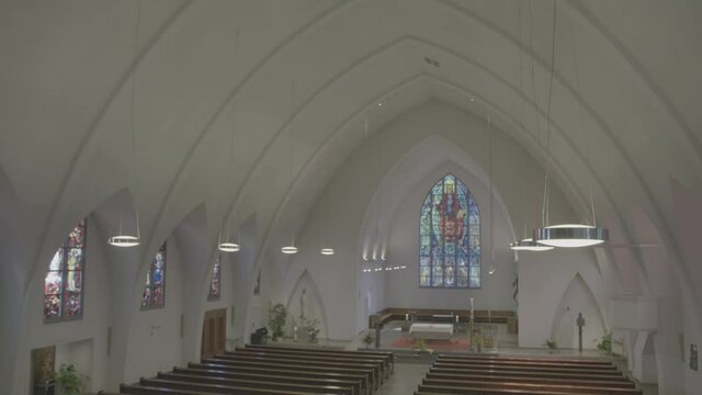 View into the empty church room of the church St. Konrad and Elisabeth in Freiburg, Germany