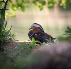 Wunderschöne Ente die an einem See friedlich sitzt