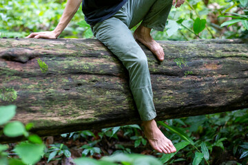 The bare feet of an Asian man sit on a large fallen tree in a humid forest with moss on a log. The concept of being in close contact with nature